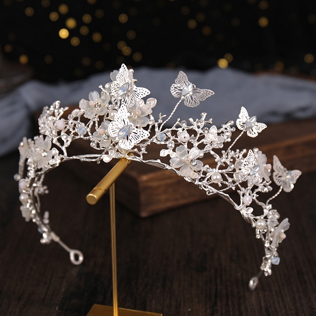 Lovely White Butterfly Flower Pearl Crystal Tiara Crown 